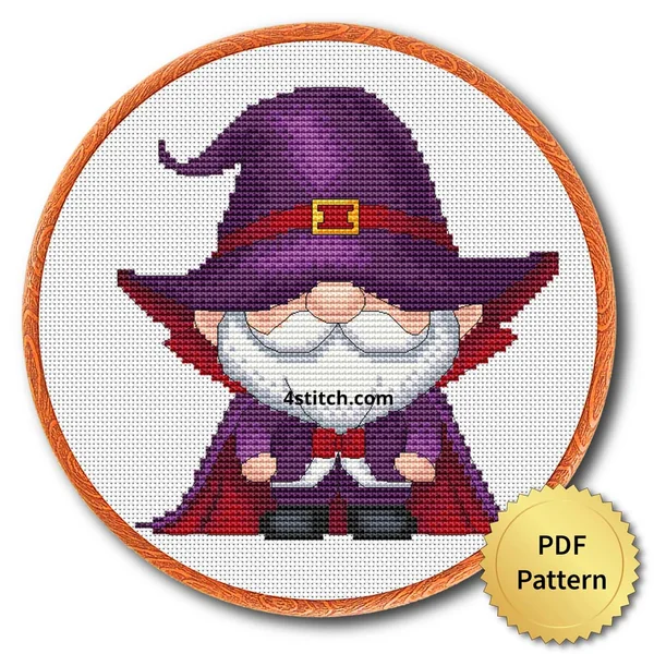 Purple Witch Gnome displayed on white Aida in a wooden embroidery hoop with a PDF pattern badge