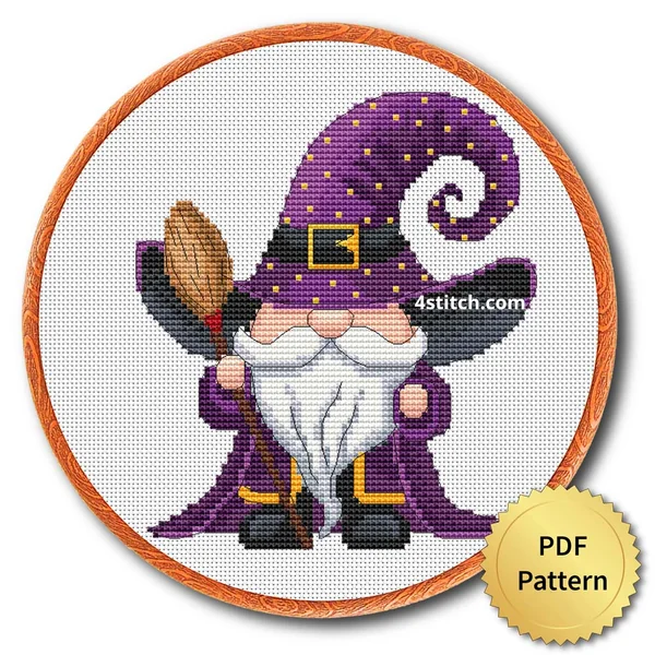 Purple Broom Witch Gnome displayed on white Aida in a wooden embroidery hoop with a PDF pattern badge