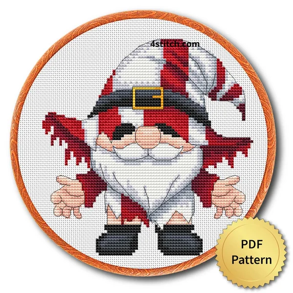 Undead Halloween Gnome displayed on white Aida in a wooden embroidery hoop with a PDF pattern badge