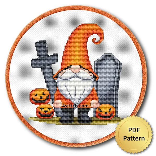 Graveyard Pumpkin Gnome displayed on white Aida in a wooden embroidery hoop with a PDF pattern badge