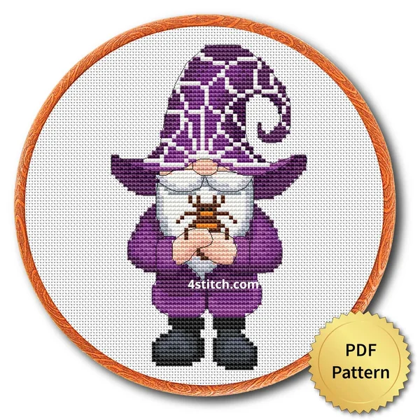Spiderweb Hat Witch Gnome displayed on white Aida in a wooden embroidery hoop with a PDF pattern badge