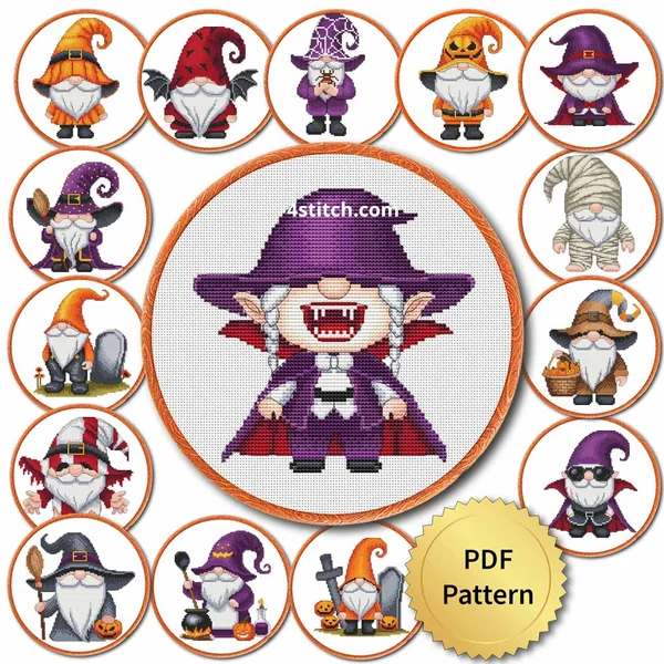 All designs from the 15 Halloween Gnomes cross stitch pattern set displayed in hoops with a PDF pattern badge