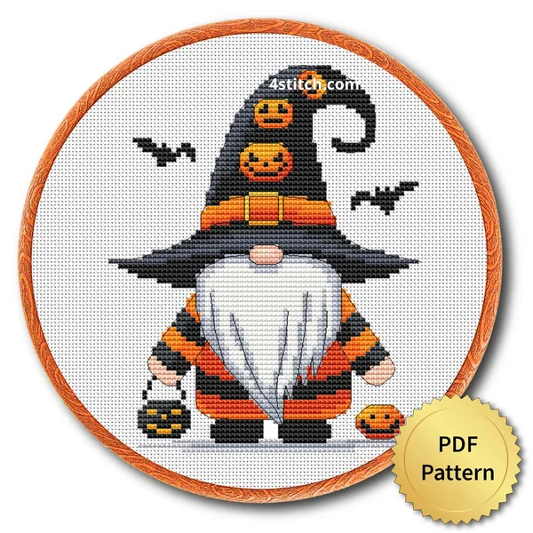 Trick-or-Treat Witch Gnome displayed on white Aida in a wooden embroidery hoop with a PDF pattern badge