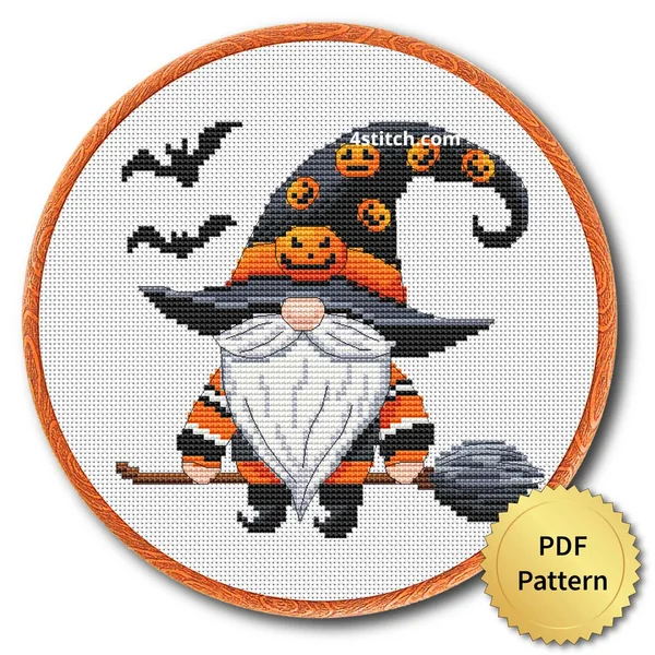 Flying Broom Witch Gnome displayed on white Aida in a wooden embroidery hoop with a PDF pattern badge
