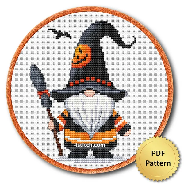 Black Hat Broom Witch Gnome displayed on white Aida in a wooden embroidery hoop with a PDF pattern badge