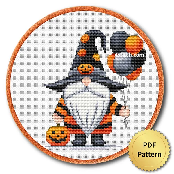 Halloween Balloon Witch Gnome displayed on white Aida in a wooden embroidery hoop with a PDF pattern badge