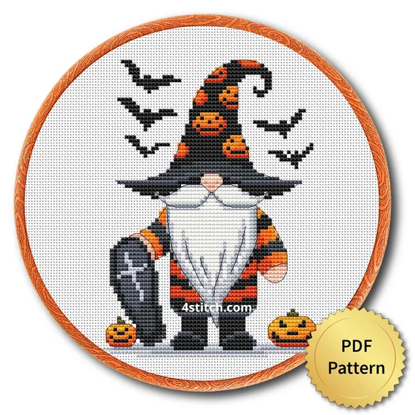 Graveyard Halloween Gnome displayed on white Aida in a wooden embroidery hoop with a PDF pattern badge