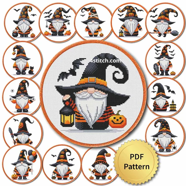 All designs from the 15 Black Orange Halloween Gnomes cross stitch pattern set displayed in hoops with a PDF pattern badge