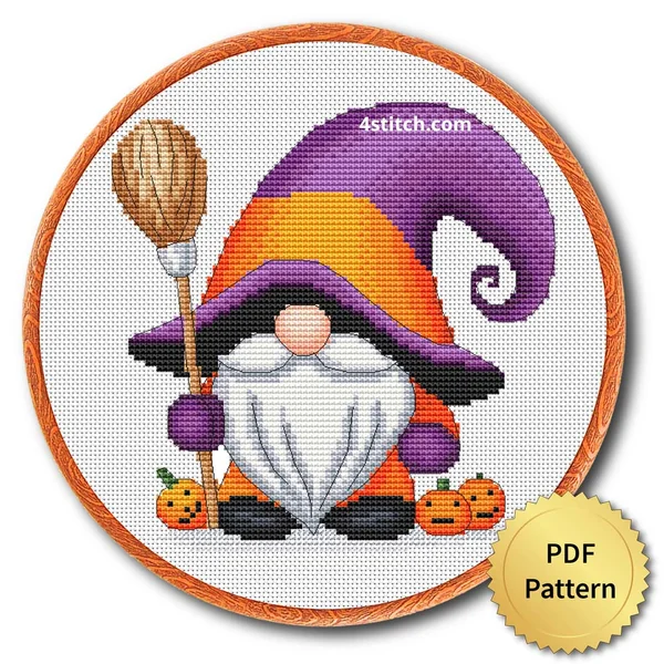 Purple and Orange Witch Gnome displayed on white Aida in a wooden embroidery hoop with a PDF pattern badge