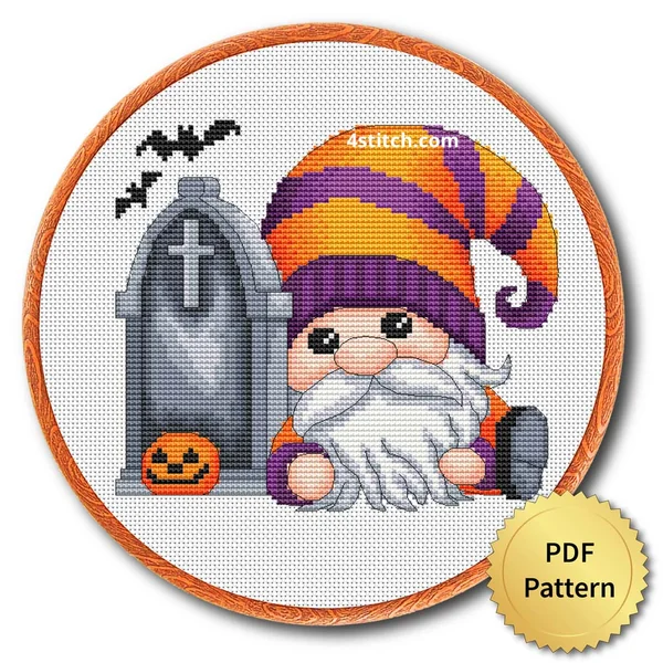 Sleepy Tombstone Halloween Gnome displayed on white Aida in a wooden embroidery hoop with a PDF pattern badge
