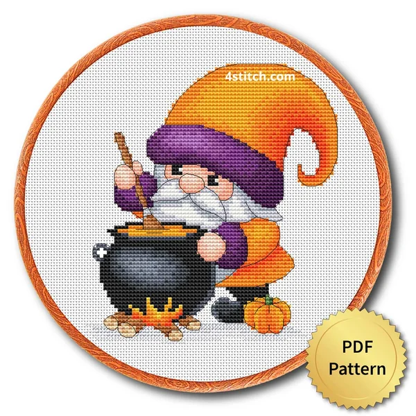 Cauldron Potion Halloween Gnome displayed on white Aida in a wooden embroidery hoop with a PDF pattern badge