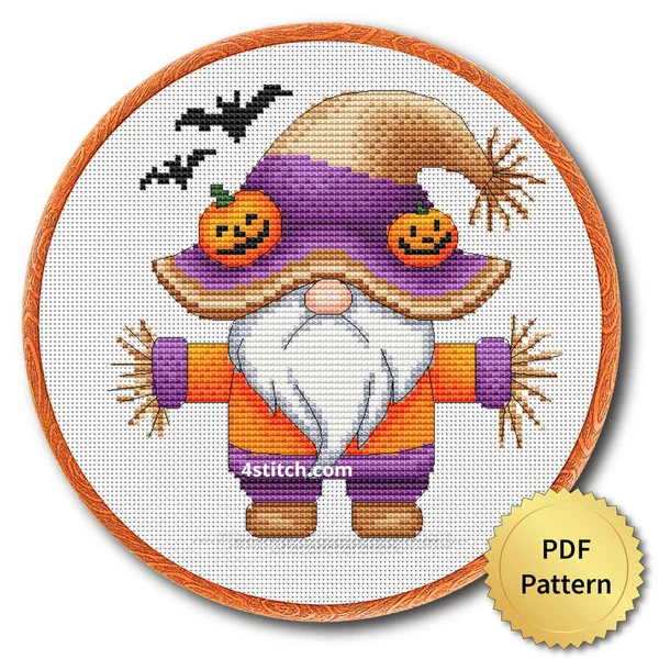 Scarecrow Pumpkin Hat Gnome displayed on white Aida in a wooden embroidery hoop with a PDF pattern badge