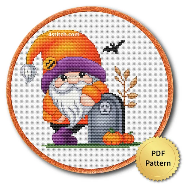 Tombstone Hug Halloween Gnome displayed on white Aida in a wooden embroidery hoop with a PDF pattern badge