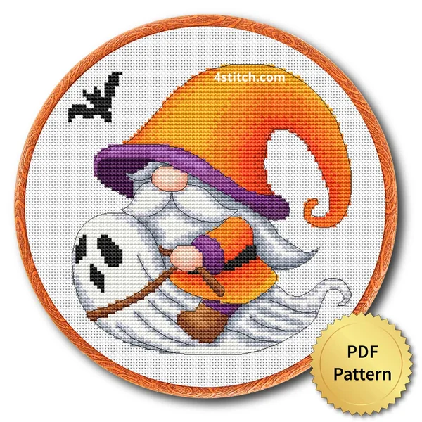 Flying Ghost Halloween Gnome displayed on white Aida in a wooden embroidery hoop with a PDF pattern badge
