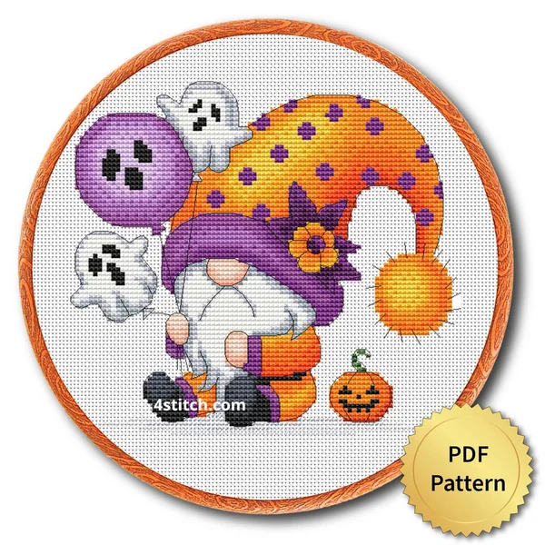 Ghost Balloon Halloween Gnome displayed on white Aida in a wooden embroidery hoop with a PDF pattern badge