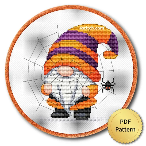 Spiderweb Hat Halloween Gnome displayed on white Aida in a wooden embroidery hoop with a PDF pattern badge
