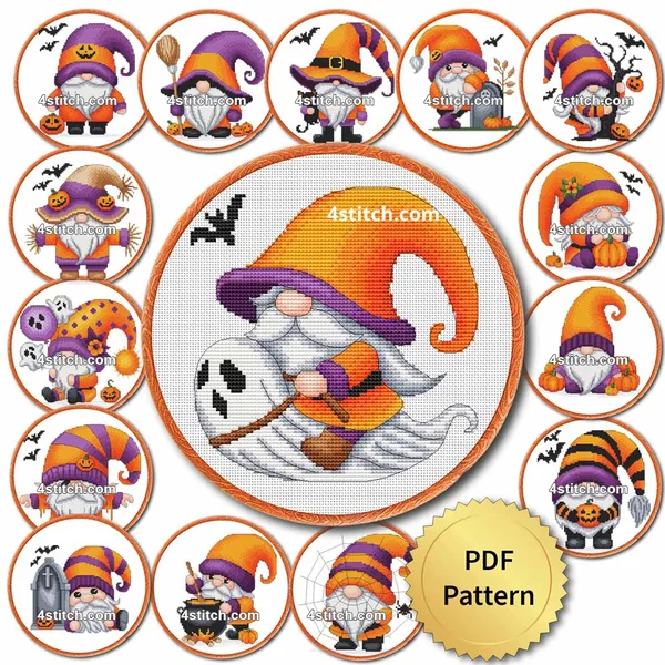 All designs from the 15 Halloween Gnomes Series 3 cross stitch pattern set displayed in hoops with a PDF pattern badge