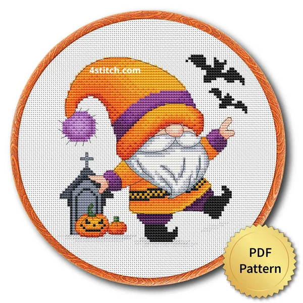 Dancing Graveyard Halloween Gnome displayed on white Aida in a wooden embroidery hoop with a PDF pattern badge