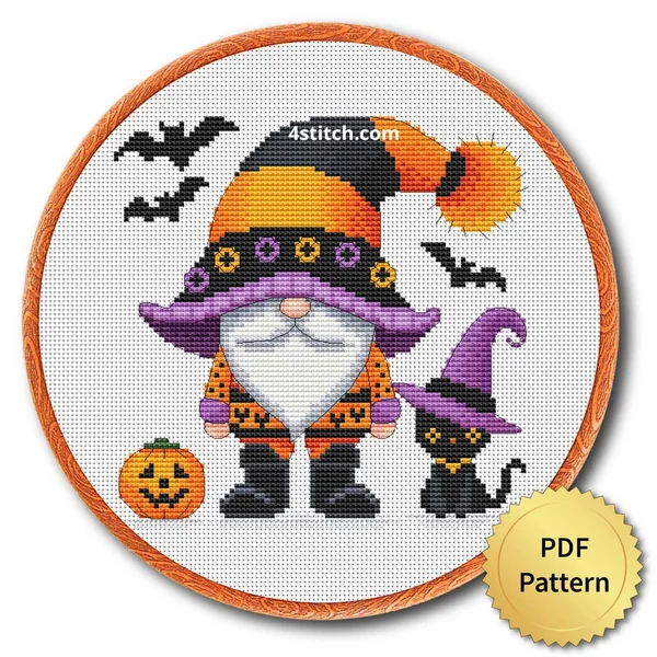 Black Cat Witch Halloween Gnome displayed on white Aida in a wooden embroidery hoop with a PDF pattern badge