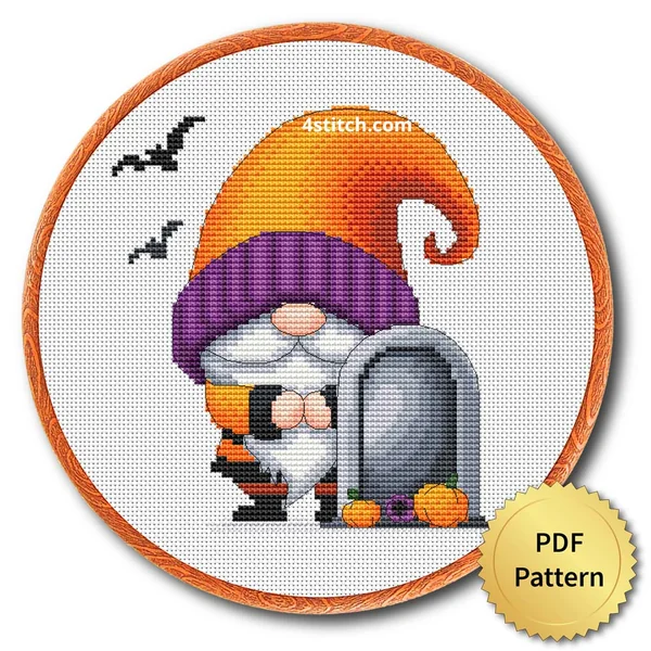 Tombstone Halloween Gnome displayed on white Aida in a wooden embroidery hoop with a PDF pattern badge