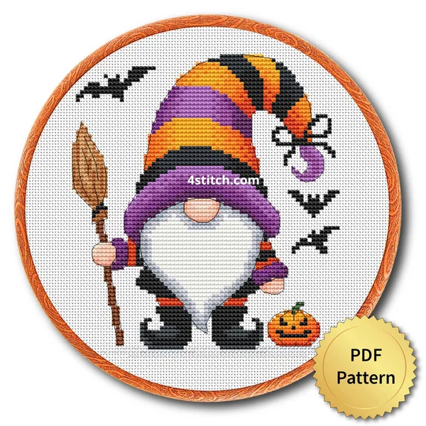 Broom and Spider Witch Gnome displayed on white Aida in a wooden embroidery hoop with a PDF pattern badge