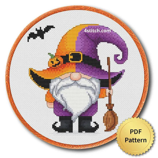 Purple Pumpkin-Hat Witch Gnome displayed on white Aida in a wooden embroidery hoop with a PDF pattern badge