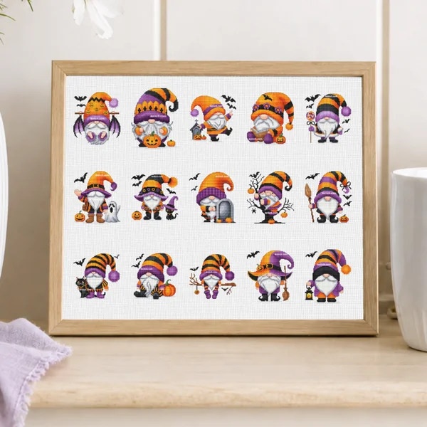 15 Halloween Gnomes Series 4 complete collection displayed on white Aida in a small frame in a bright cozy autumn interior