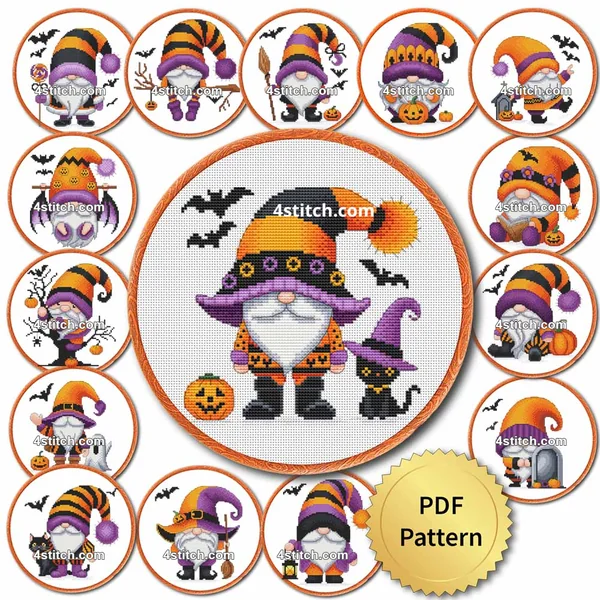 All designs from the 15 Halloween Gnomes Series 4 cross stitch pattern set displayed in hoops with a PDF pattern badge