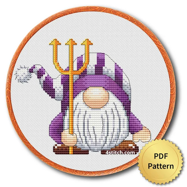 Devil Trident Halloween Gnome displayed on white Aida in a wooden embroidery hoop with a PDF pattern badge
