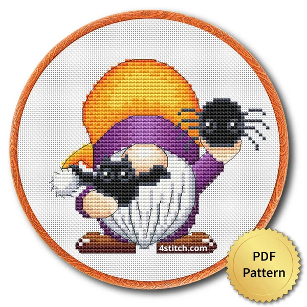 Spider Halloween Gnome displayed on white Aida in a wooden embroidery hoop with a PDF pattern badge