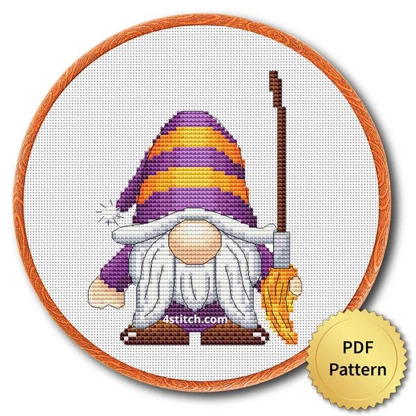 Striped Hat Broom Gnome displayed on white Aida in a wooden embroidery hoop with a PDF pattern badge
