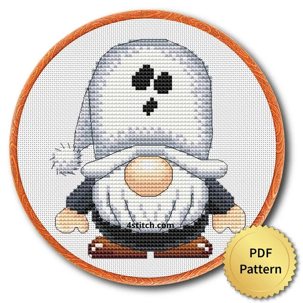 Ghost Hood Halloween Gnome displayed on white Aida in a wooden embroidery hoop with a PDF pattern badge