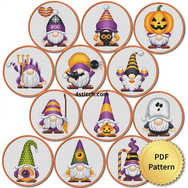 All 12 Halloween gnome cross stitch designs displayed in embroidery hoops with a PDF pattern badge