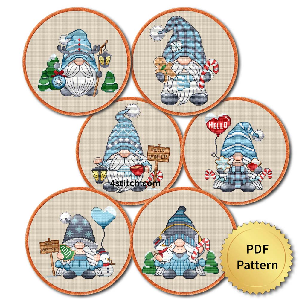All six Blue Winter Gnomes cross stitch designs shown in embroidery hoops with a gold PDF Pattern medal and the original 4stitch.com watermark.