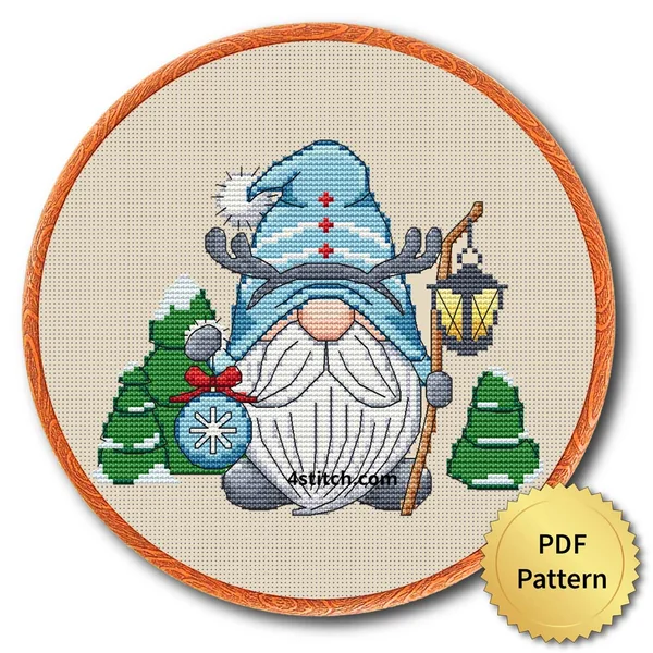 Winter Lantern Gnome Cross Stitch Pattern shown in an embroidery hoop with a gold PDF Pattern medal and the original 4stitch.com watermark.