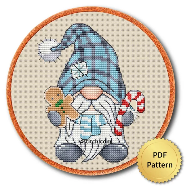 Gingerbread and Candy Cane Winter Gnome Cross Stitch Pattern shown in an embroidery hoop with a gold PDF Pattern medal and the original 4stitch.com watermark.