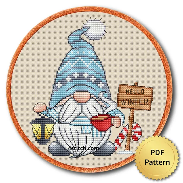 Hello Winter Sign Gnome Cross Stitch Pattern shown in an embroidery hoop with a gold PDF Pattern medal and the original 4stitch.com watermark.