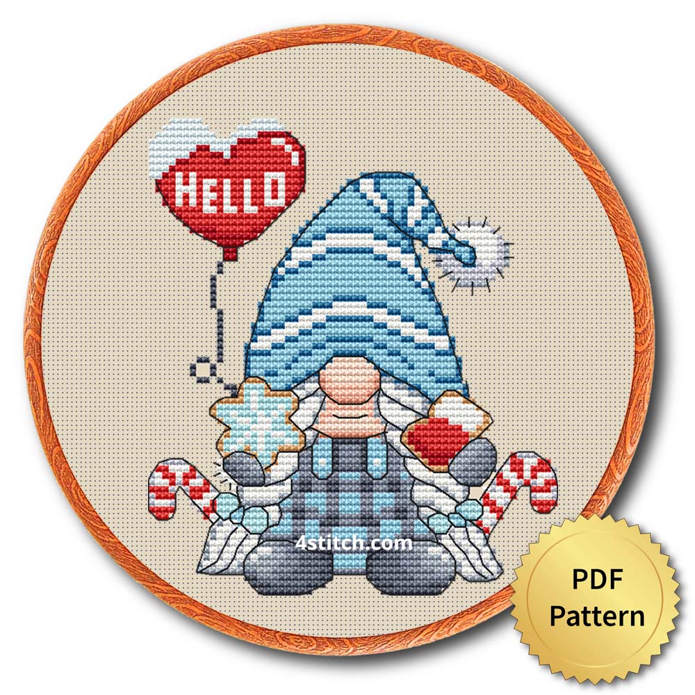 Heart Balloon Winter Gnome Cross Stitch Pattern shown in an embroidery hoop with a gold PDF Pattern medal and the original 4stitch.com watermark.