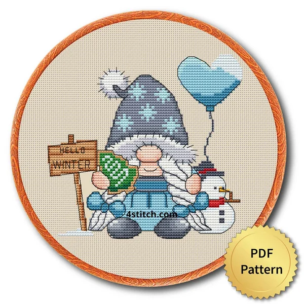 Snowman Sign Winter Gnome Cross Stitch Pattern shown in an embroidery hoop with a gold PDF Pattern medal and the original 4stitch.com watermark.