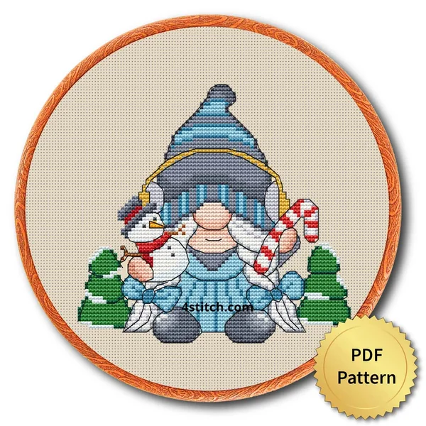 Snowman and Candy Cane Gnome Cross Stitch Pattern shown in an embroidery hoop with a gold PDF Pattern medal and the original 4stitch.com watermark.