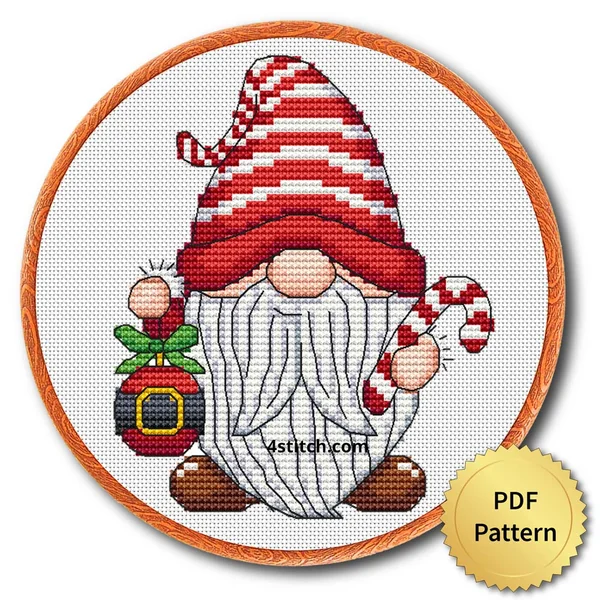 Candy Cane Christmas Gnome cross stitch pattern preview