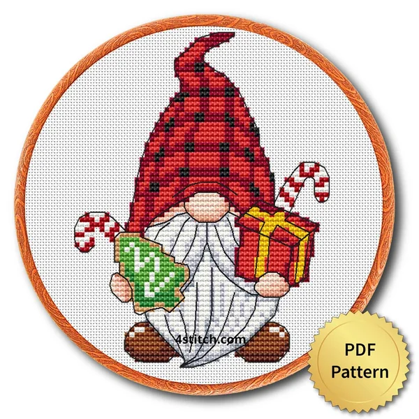 Finished tartan christmas gnome cross stitch design in a wooden embroidery hoop