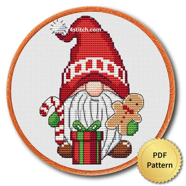 Finished ho ho ho gnome cross stitch design in a wooden embroidery hoop
