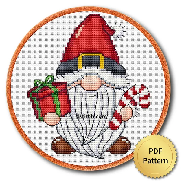 Finished santa belt gnome cross stitch design in a wooden embroidery hoop