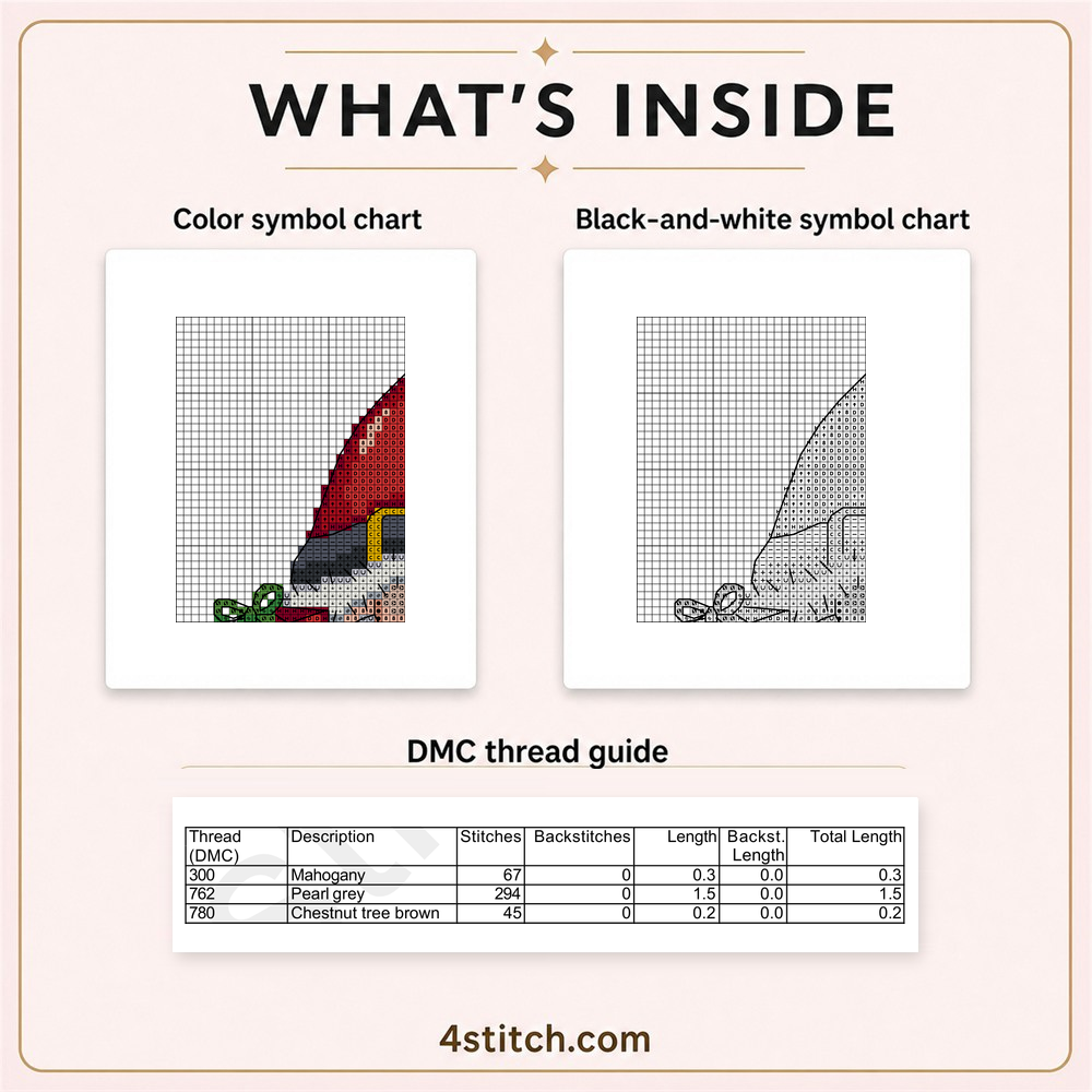 Protected partial color and black-and-white symbol charts and first three DMC guide rows for Santa Belt Gnome.