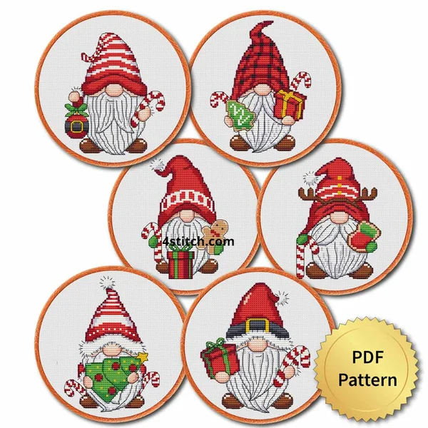 6 Red and Green Christmas Gnomes cross stitch pattern set preview