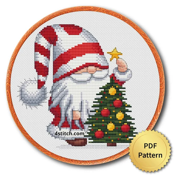 Christmas Tree Gnome Cross Stitch Pattern shown as finished cross stitch in an embroidery hoop with a gold PDF Pattern medal.