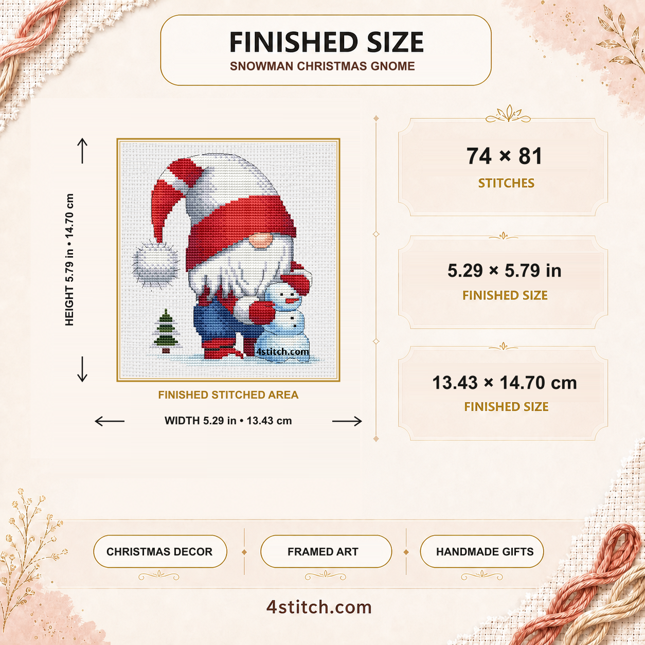 Finished size of the Snowman Christmas Gnome: 74 by 81 stitches, 5.29 by 5.79 inches or 13.43 by 14.70 centimeters on 14-count Aida.