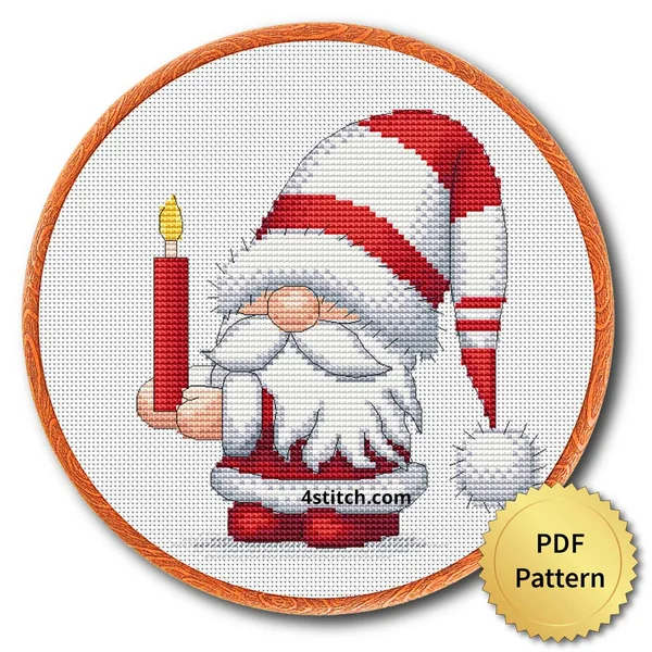 Christmas Candle Gnome Cross Stitch Pattern shown as finished cross stitch in an embroidery hoop with a gold PDF Pattern medal.