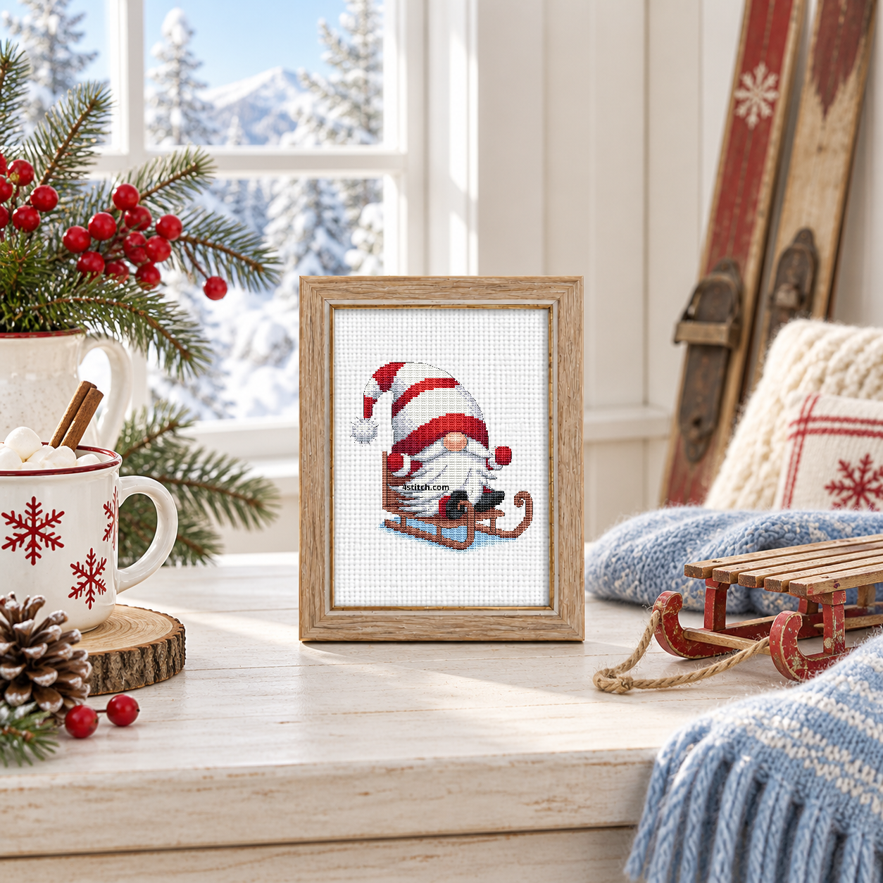 Sledding Christmas Gnome with a red-and-white striped-hat gnome riding a wooden sled across pale blue snow, on white Aida in a pale oak frame in a bright Scandinavian winter cabin.
